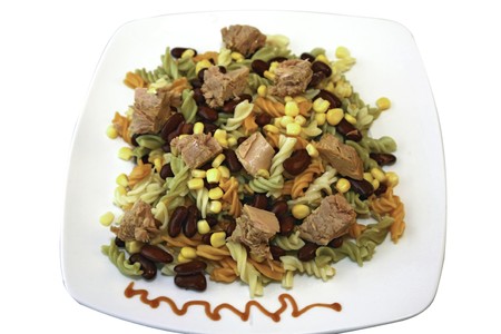 Mediterranean pasta with red beans, sweet corn and tuna fishの写真素材