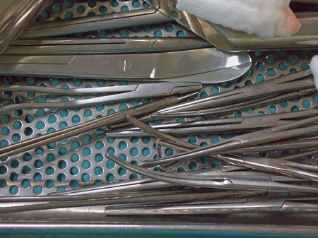 Surgery instruments, scissors, tweezers, gauzeのeditorial素材