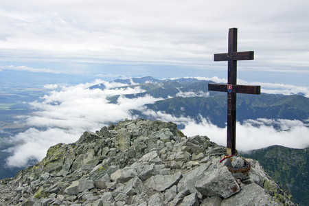 National mountain peak of Slovakia with cross and coat of armsの写真素材