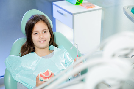 Little girl sitting in the dentists officeの写真素材