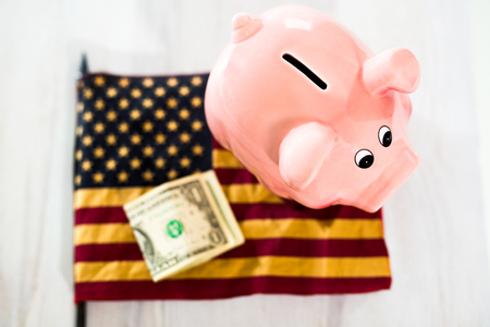 Pink Piggy Bank on Dollars with American Flagの写真素材