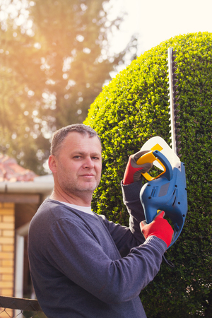 Gardener cutting a hedge with a hedge cutterの写真素材