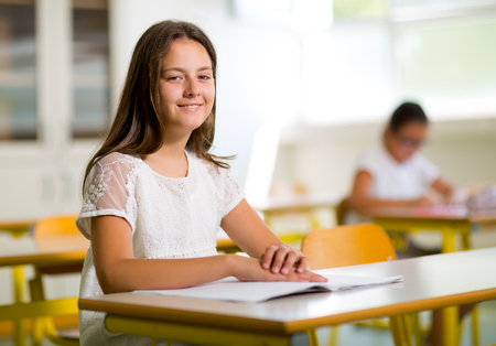 Portrait of two happy schoolgirls in a classroom, selective focusの写真素材