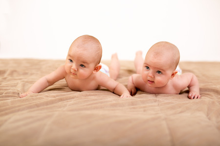 Funny twins sisters babies lying on stomachの写真素材