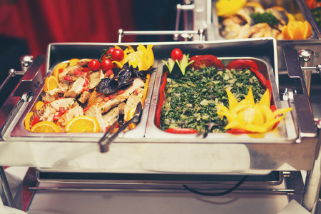 Luxury food on wedding table in hotel or restaurantの写真素材