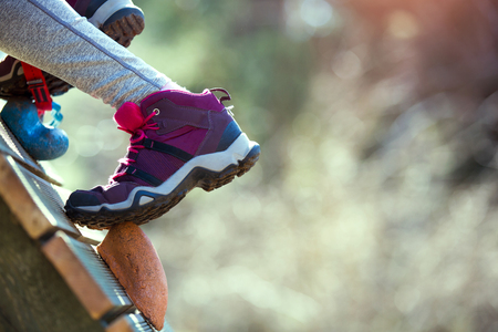 Close-up hiking boots in adventure parkの写真素材
