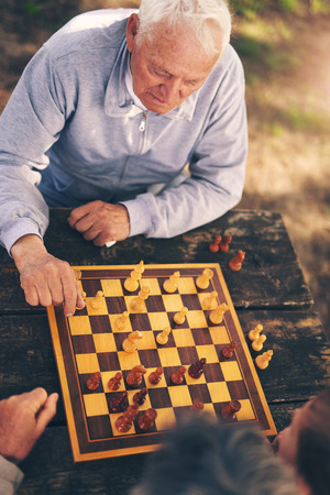 Active retired people, old friends and free time, two senior men having fun and playing chess at park, spend time with grandsonの写真素材