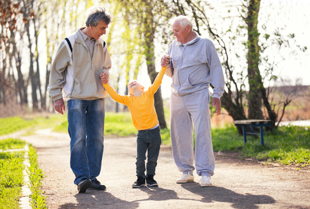 Two grandfather walking with the grandson in the parkの写真素材