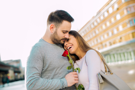 Boyfriend surprised his girlfriend with rose for Valentine's day.の写真素材