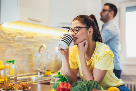 Couple having breakfast in the morningの写真素材