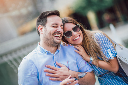 Young couple in love outdoorの写真素材
