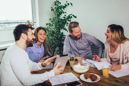 Successful start-up team in training. Business team working on marketing strategy.  Brainstorming meeting concept.の写真素材