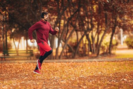 Young man running at park during autumn morningの写真素材