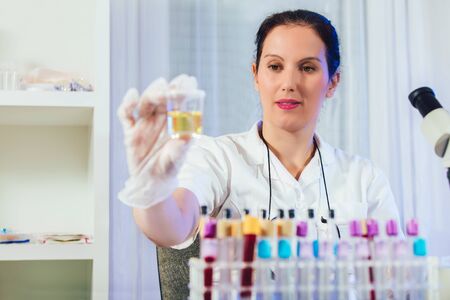 Lab technician assistant analyzing urin sample at laboratory. Medical, pharmaceutical and scientific...