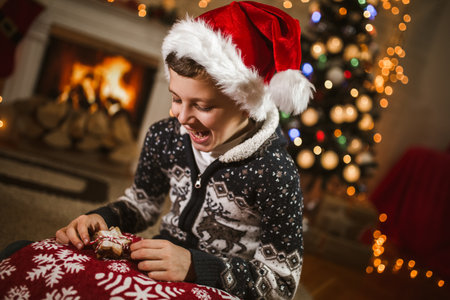 Boy packing Christmas gingerbread cookies. Christmas and New Year eve at home.の写真素材