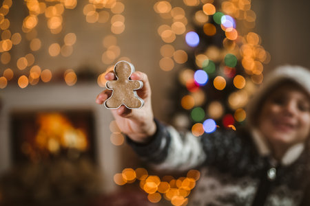 A boy in a Santa Claus hat is holding a ginger cookie modelの写真素材