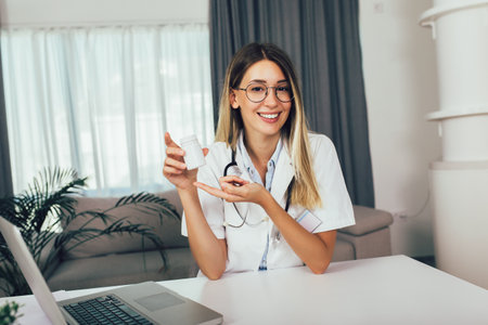 Head shot of woman wearing white coat stethoscope on shoulders looking at camera, doctor make video call interact through internet talk with patient provide help online counseling and therapy conceptの写真素材