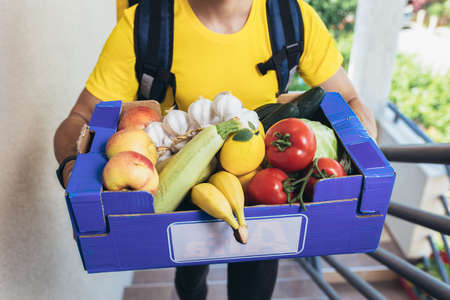 Young man delivering online grocery order.の写真素材