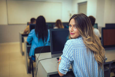 College students in a computer labの写真素材