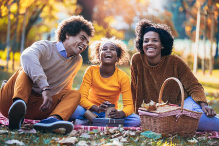 Mixed family having fun while picnicking in the parkの写真素材