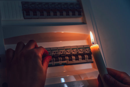 Energy crisis. Hand in complete darkness holding a candle to investigate a home fuse box during a power outage. Blackout concept.の素材 [FY310182746399]