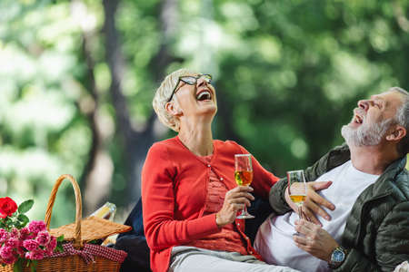 Happy senior couple having a picnic in park, making a toast.の写真素材