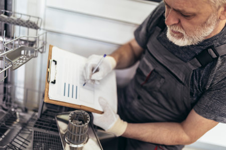 Male Technician Sitting Near Dishwasher Writing On Clipboard In Kitchen.