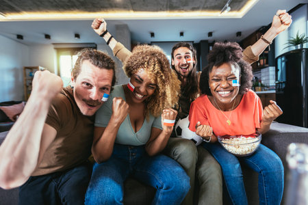 Young group watching sports on television and cheering. Emotional football fans watching football game together at home. Sports Fans with Painted Faces Sitting on a Couch Watch Game on TVの写真素材