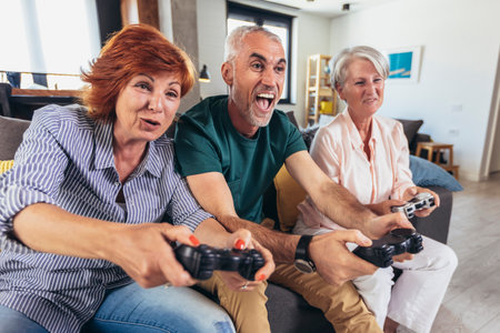 Group of middle age friends smiling happy playing video game at home.