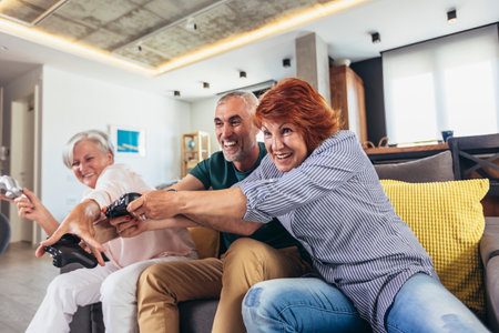 Group of middle age friends smiling happy playing video game at home.の写真素材