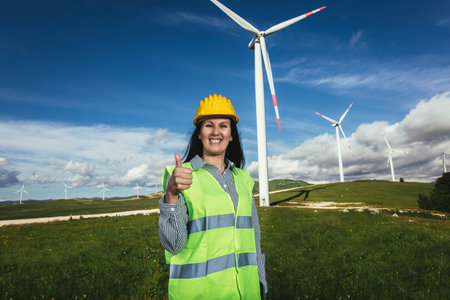 Female engineer on windmill farm for electric power productionの写真素材