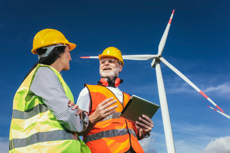 Windmill engineer inspection and progress check wind turbine at construction siteの写真素材