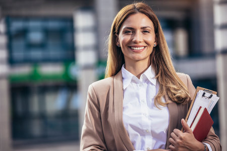 Smiling businesswoman in formalwear walking in the city.の写真素材