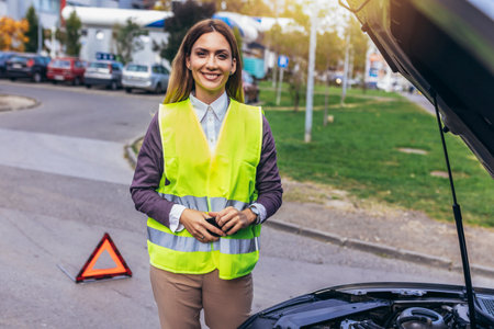 Portrait of young woman standing by broken down car