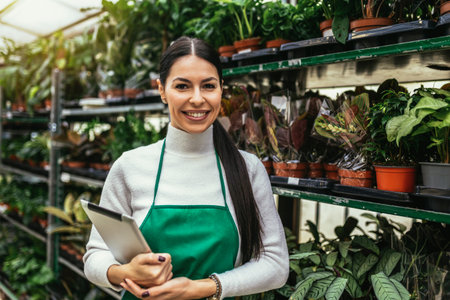 Happy small business owner woman working at flower shop standing surrounded by plantsの写真素材