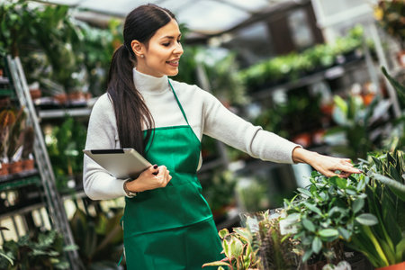 Happy small business owner woman working at flower shop standing surrounded by plantsの写真素材