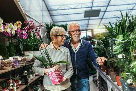 Senior couple are choosing potted plant at garden center.の写真素材