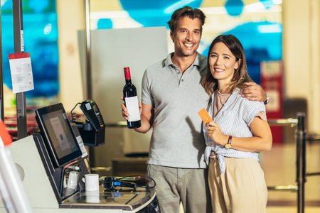 Couple with bank card buying food at grocery store or supermarket self-checkoutの写真素材