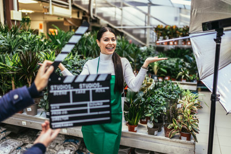 Hands holding movie clapper. Photo of interview or broadcast, woman owner in her flower shop.の写真素材