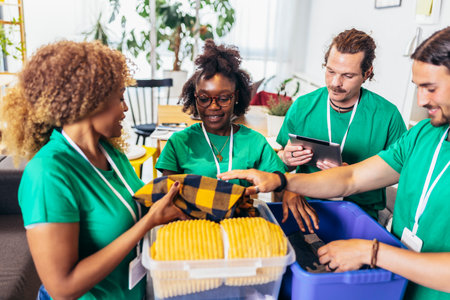 Volunteers putting clothes in donation boxes. Group of young multicultural volunteers in green t-shirts working in charity centerの写真素材