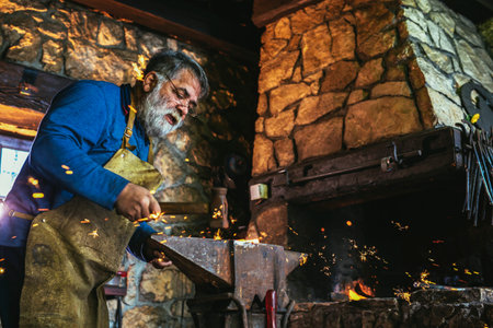 Blacksmith manually forging the molten metal on the anvil in smithy with spark fireworksの写真素材
