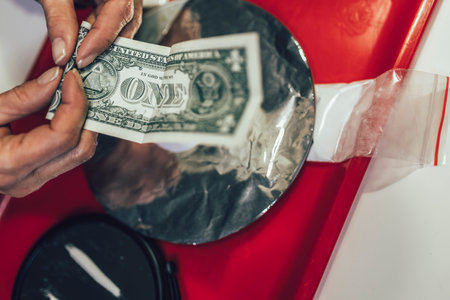 Sniffs line of cocaine through a rolled 1 dollar bill on  table close-up.の写真素材