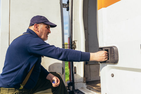 Mature van driver gets into his delivery van to check on the delivery.の写真素材