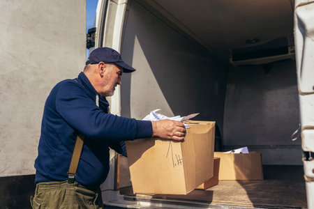 Mature van driver takes the boxes out of the vehicle.