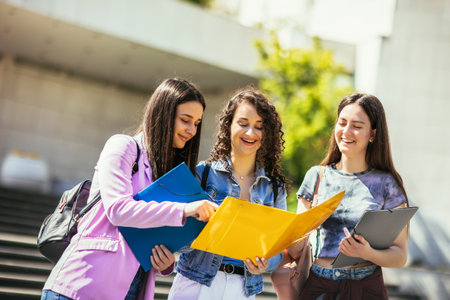 Group of students with notebook studying together outdoors.の写真素材