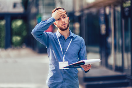 Frustrated stressed businessman outdoors.Business, work,stressed and people concept.の写真素材