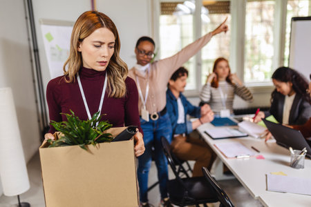 Business woman carrying packing up all her personal belongings and files into a brown cardboard box to resign in the modern office, resign concept.の写真素材