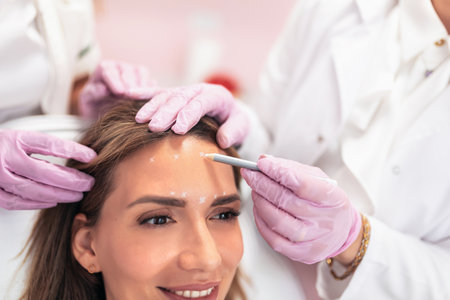 Young female patient with correction lines preparing for facial beauty treatment.の写真素材
