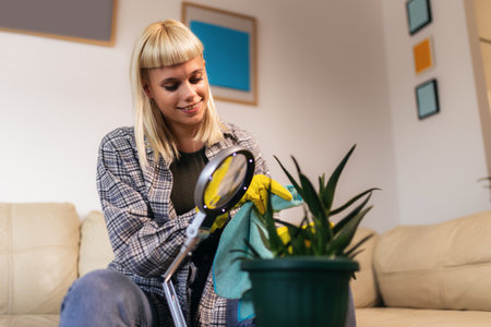 Young blonde woman taking care of her plants. Using magnifying glass
