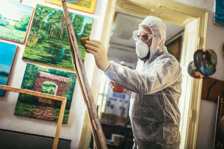 The artist restores the paintingの写真素材